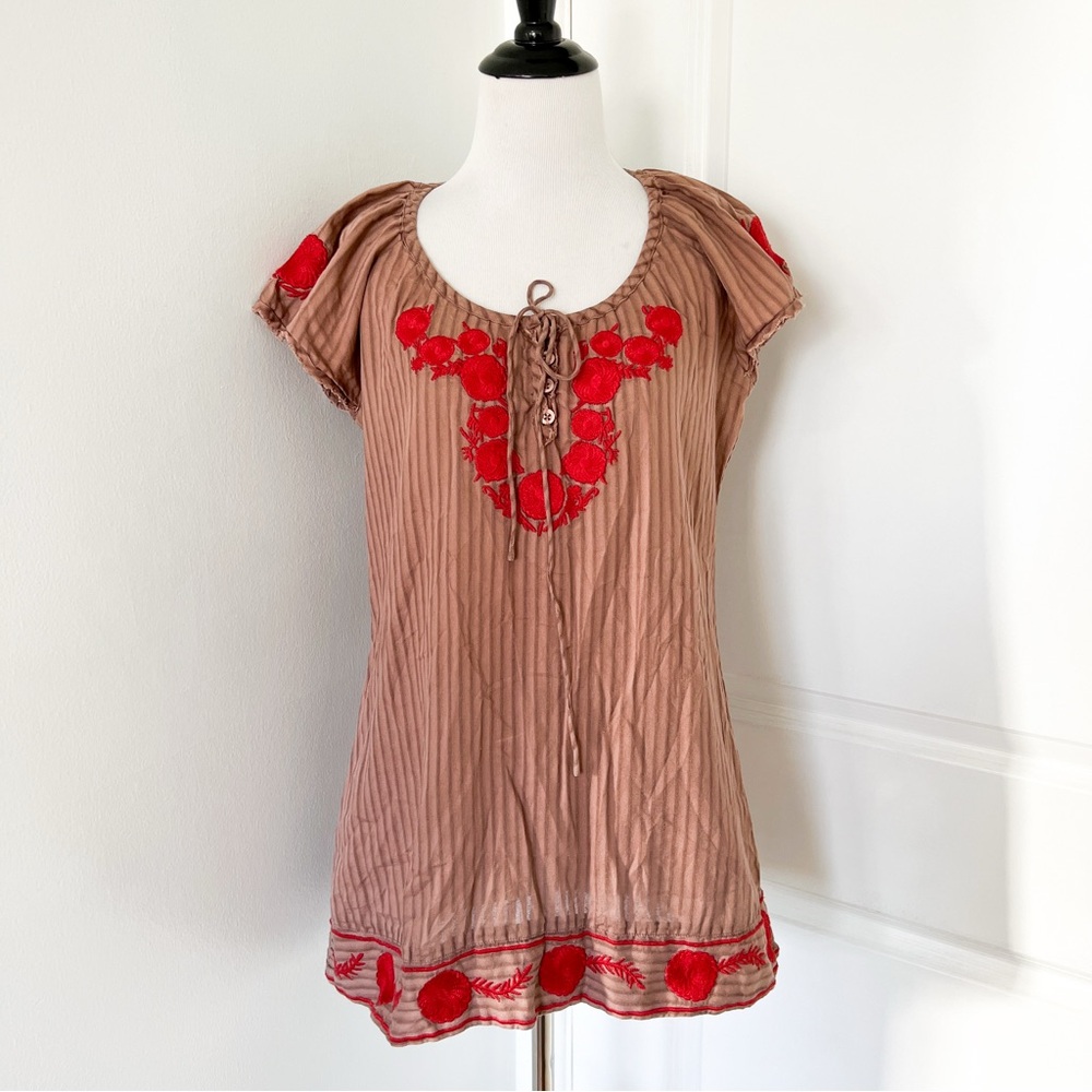 Free People Tan Blouse with Red Embroidery - Size 10